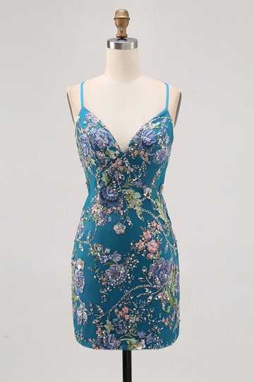 Bodycon Krótka kwiecista sukienka z pawiem i cekinami